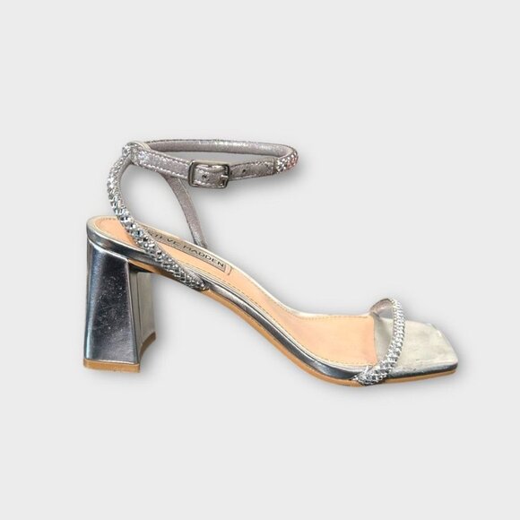 Steve Madden Hurrah Sandal Silver Crystal 6M Block Heels EUC Party Sparkle - Picture 3 of 8